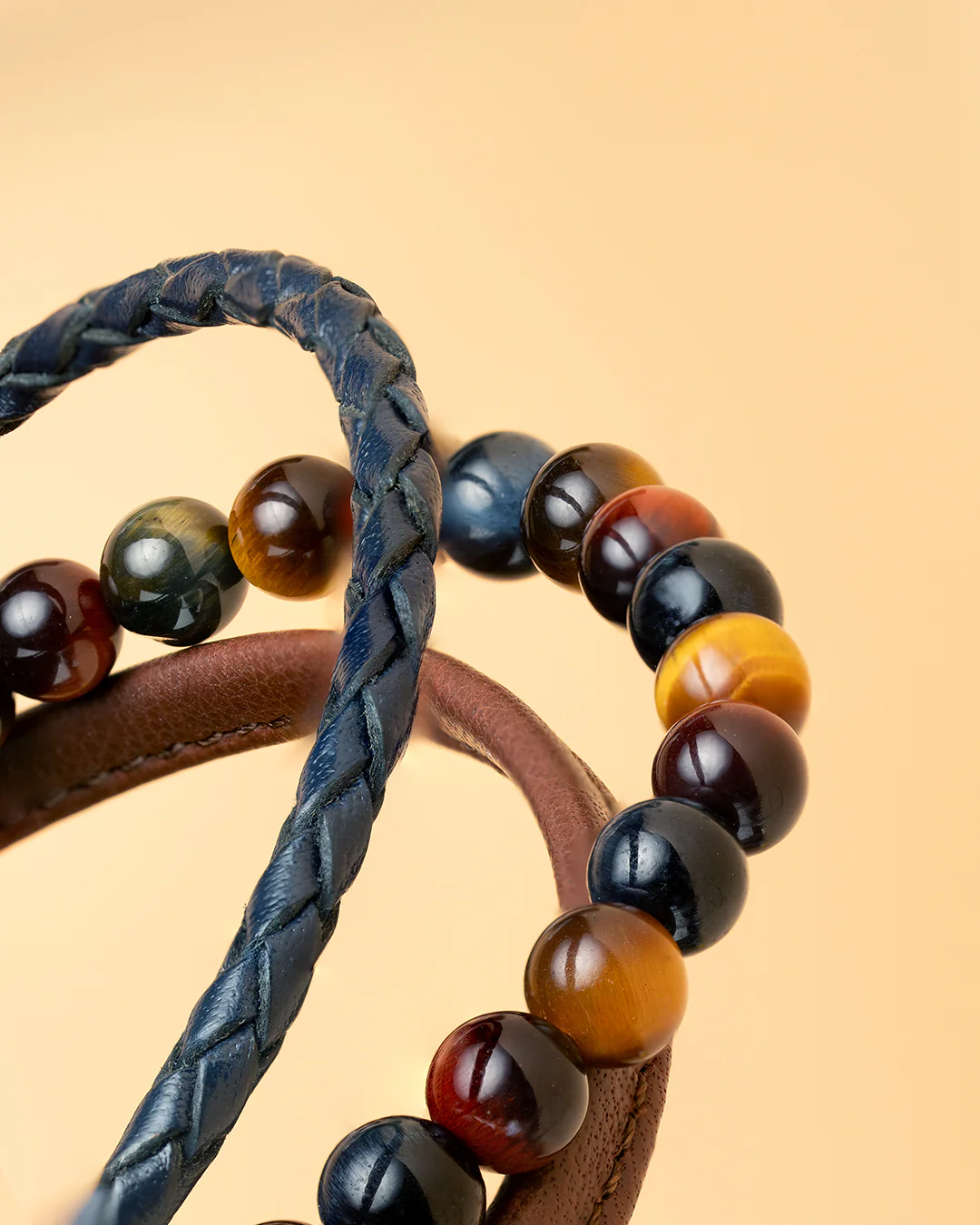 Triple bracelet with 6mm Tiger Eye stone and Nappa leather - Image 4